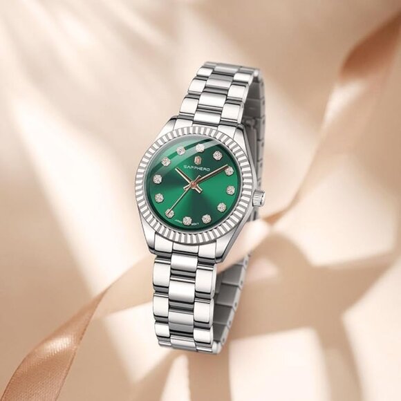 Analog silver watch with second hand and green metallic face - Picture 3 of 5